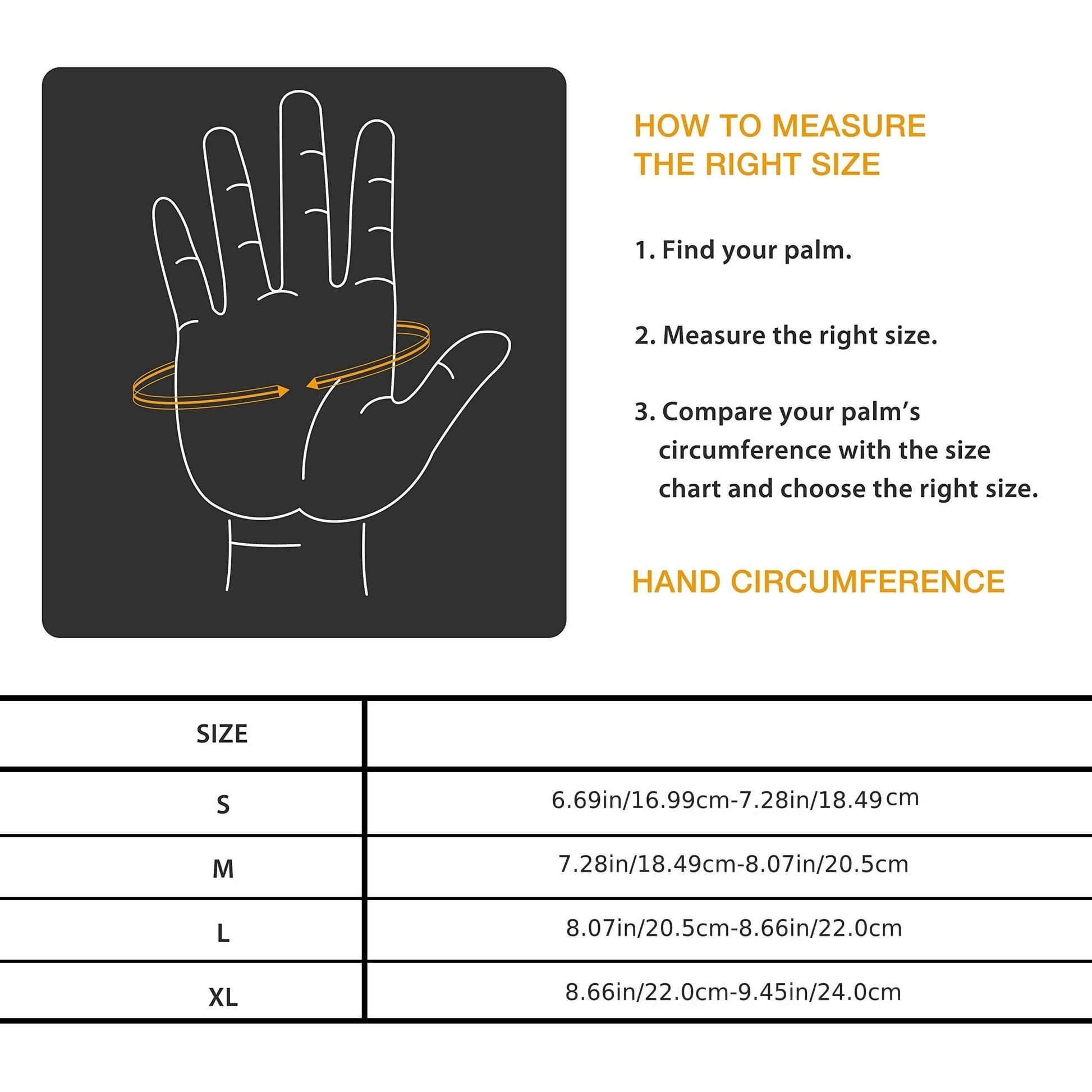 Hand measurement chart for sizing workout training gloves with a diagram of a hand and measurement instructions.