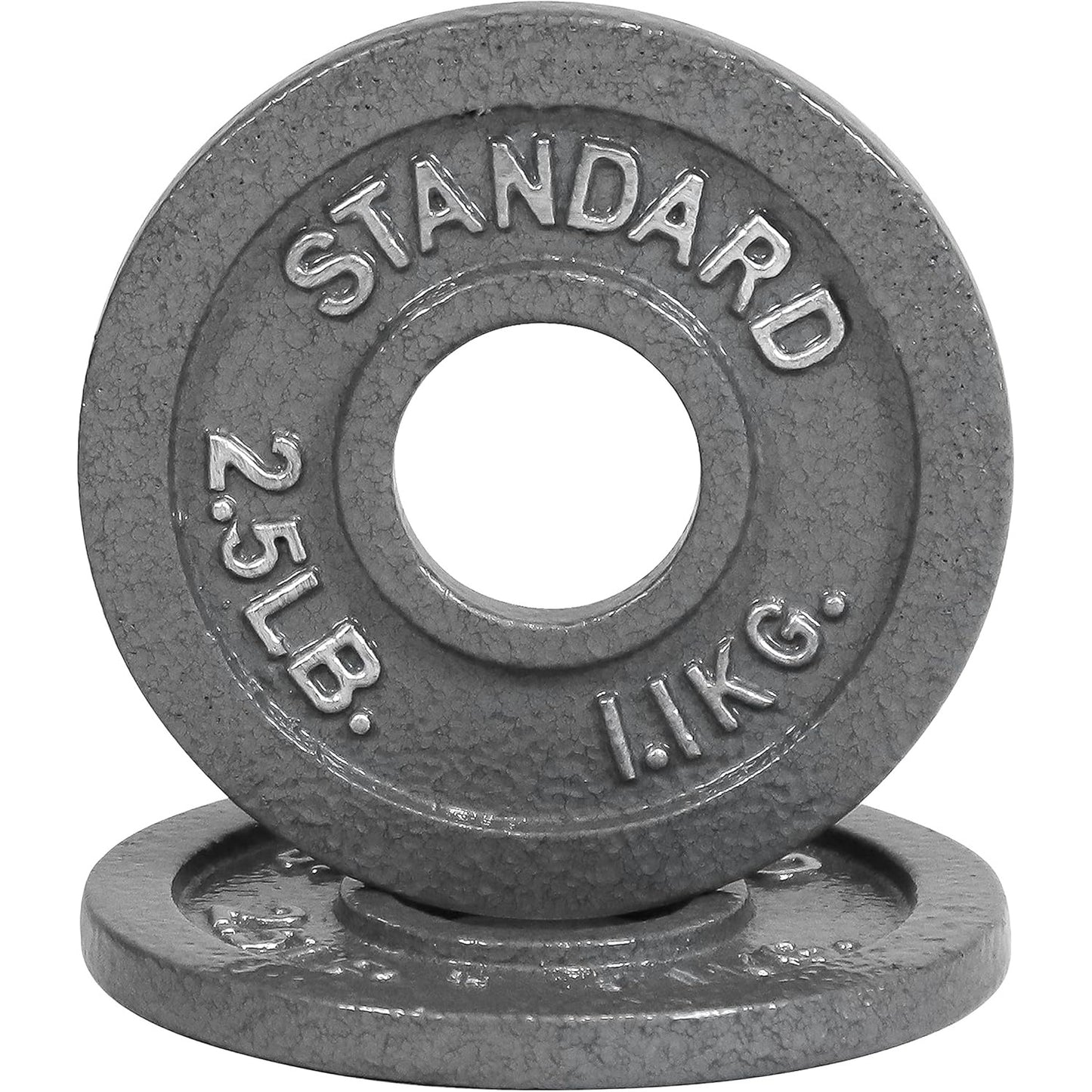Two gray weight plates with 'Standard' and weight markings on a white background