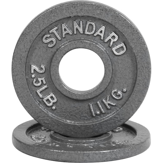 Two gray weight plates with 'Standard' and weight markings on a white background