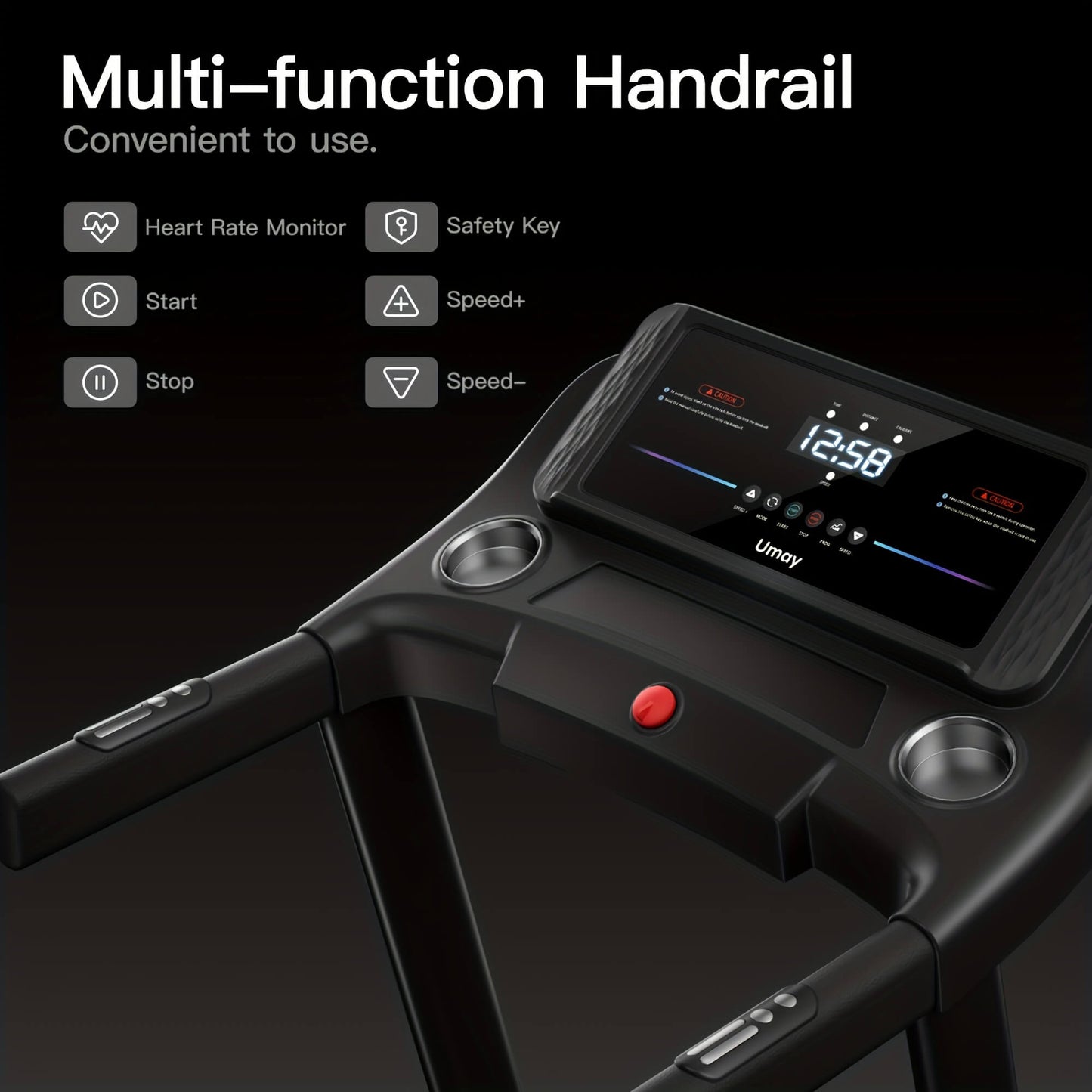 Multi-function handrail with digital display and control buttons on a black background