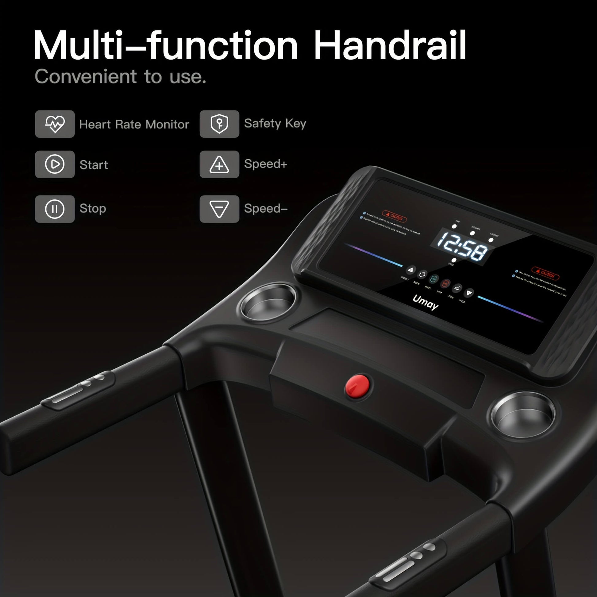 Multi-function handrail with digital display and control buttons on a black background