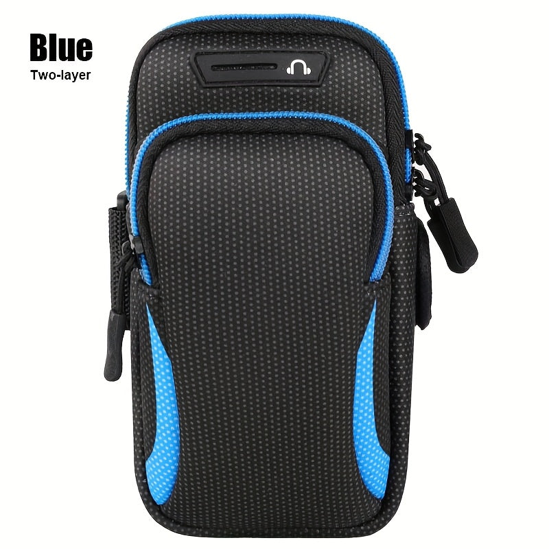 Black and blue two-layered arm phone holder for running​ on a white background