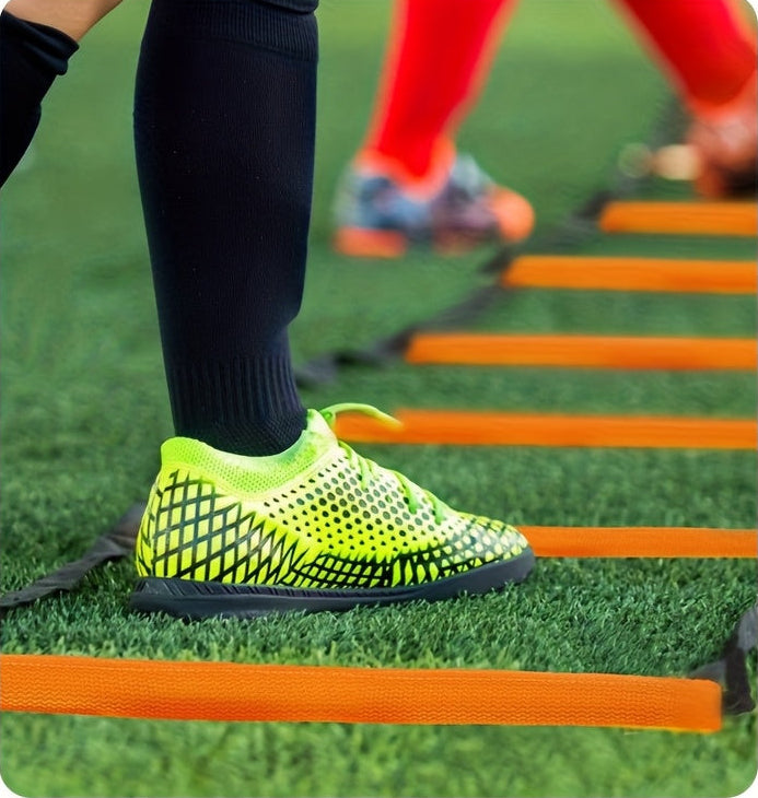 Person using an agility ladder on grass with text about its benefits.