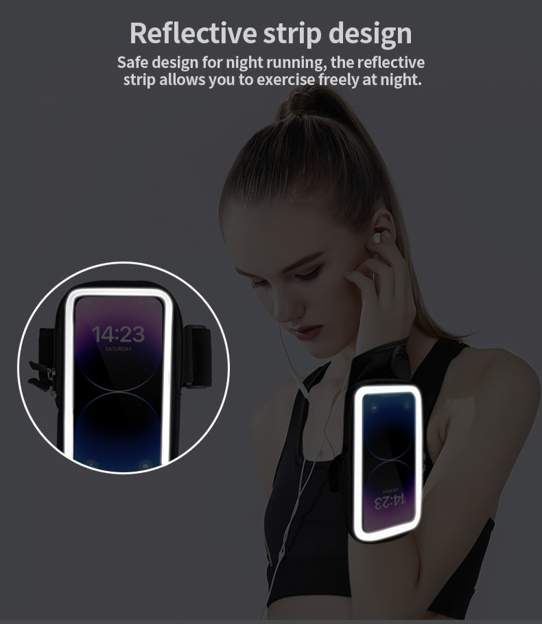 Woman wearing a reflective strip phone holder for running with a phone displaying time.
