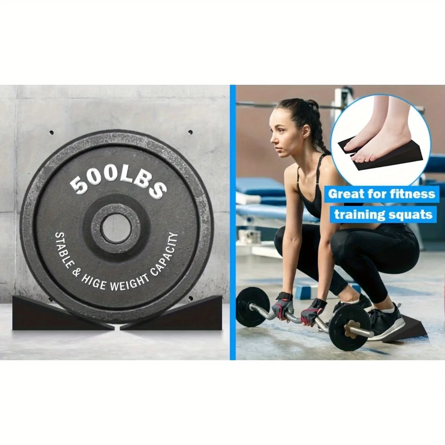 Weight plate with '500LBS' marking and a woman using it for fitness training.