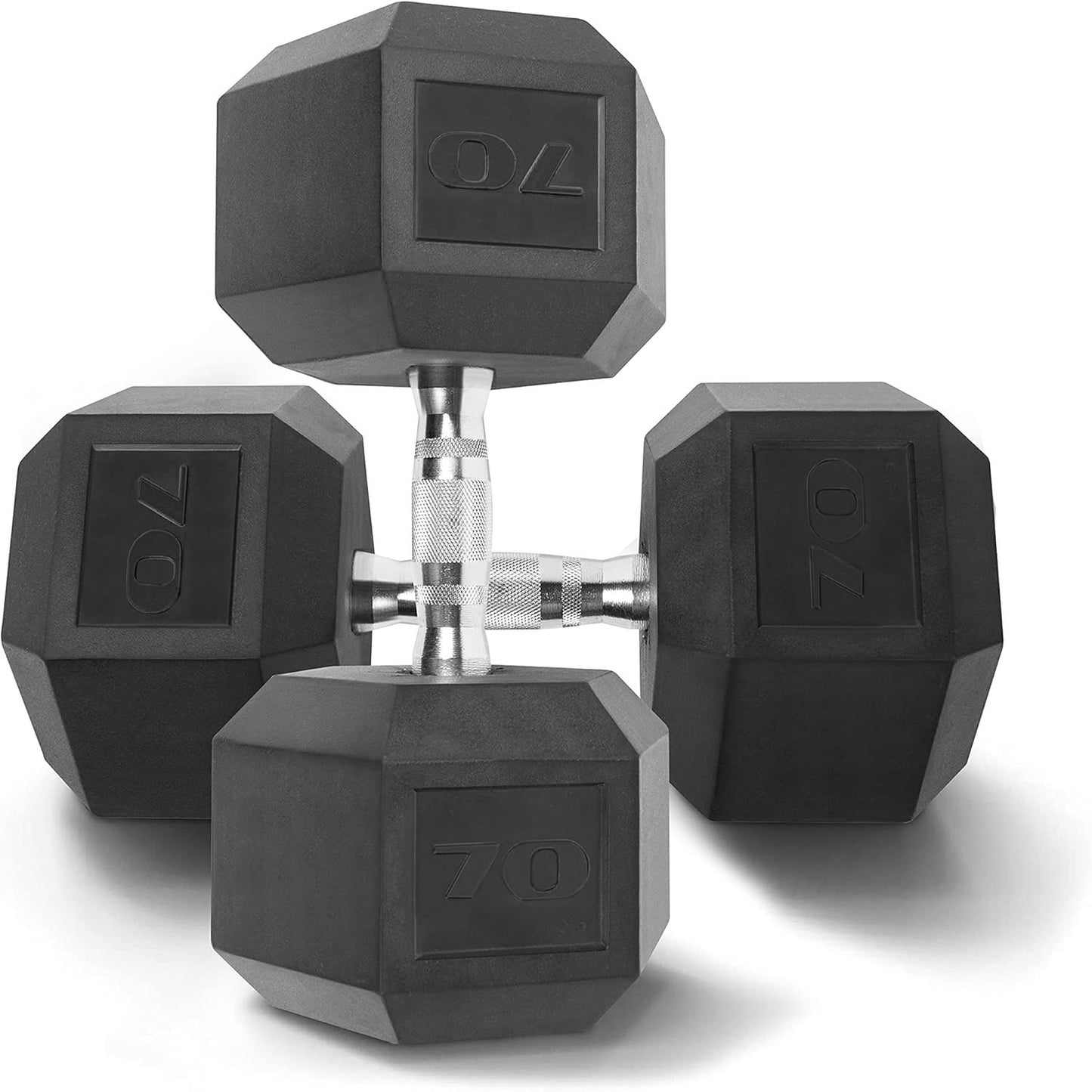 Set of black hexagonal dumbbells on a white background