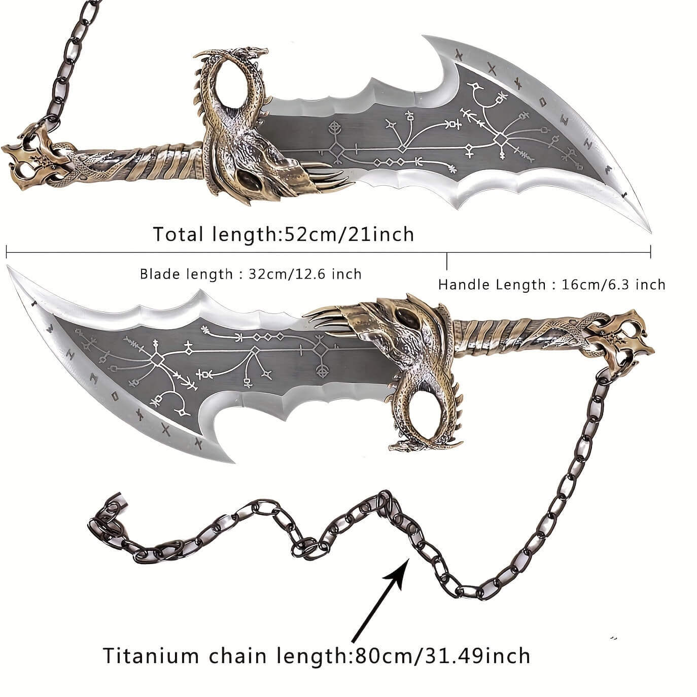 Chaos blades with dragon handle and chain, showing measurements on a white background