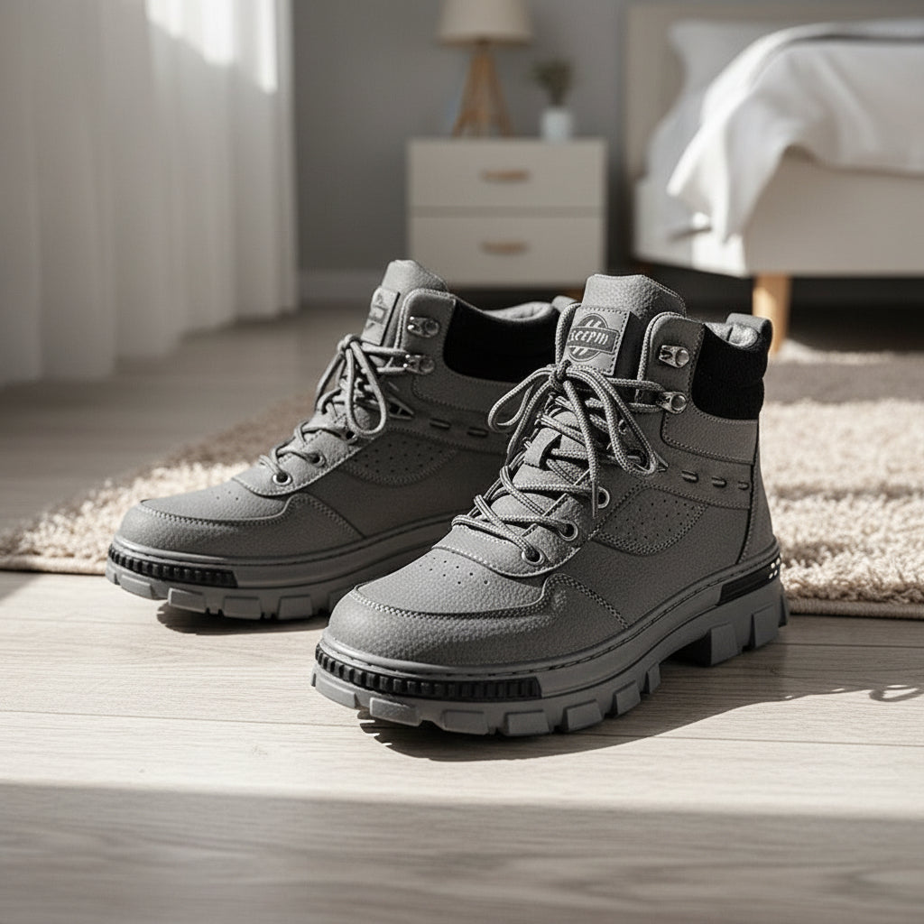 A pair of grey Martin high top boots in a bedroom