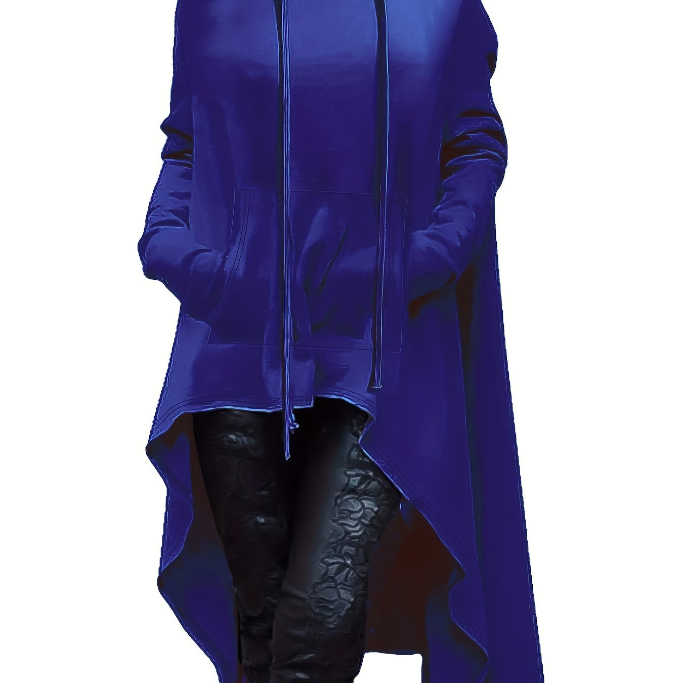 A woman wearing a dark blue women’s oversized hoodie sold by 100 Spartans