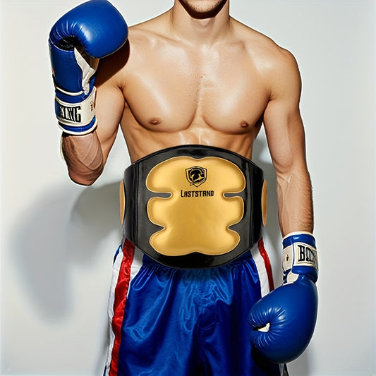 Boxer wearing blue boxing gloves and red, white, and blue shorts with a championship belt.