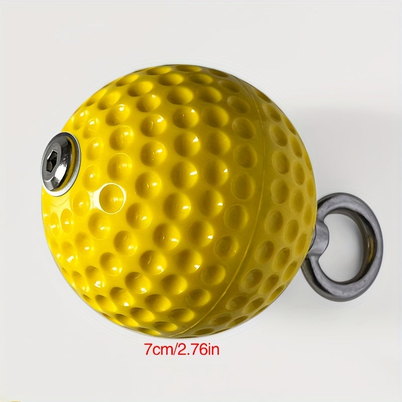 Yellow ball with pull up grip ball and metal attachments on a white background