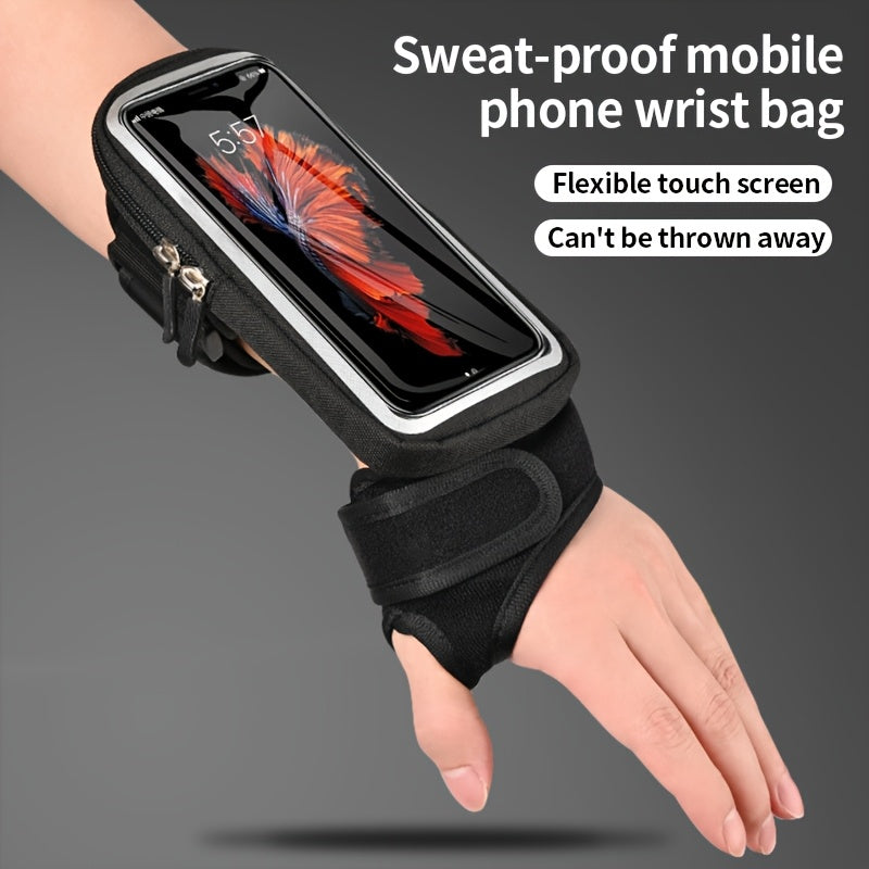 Sweat-proof phone holder for running with flexible touch screen on a gray background