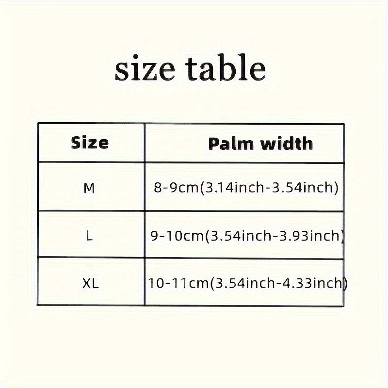 Size table for  a padded workut gloves showing palm width measurements with M, L, and XL sizes.