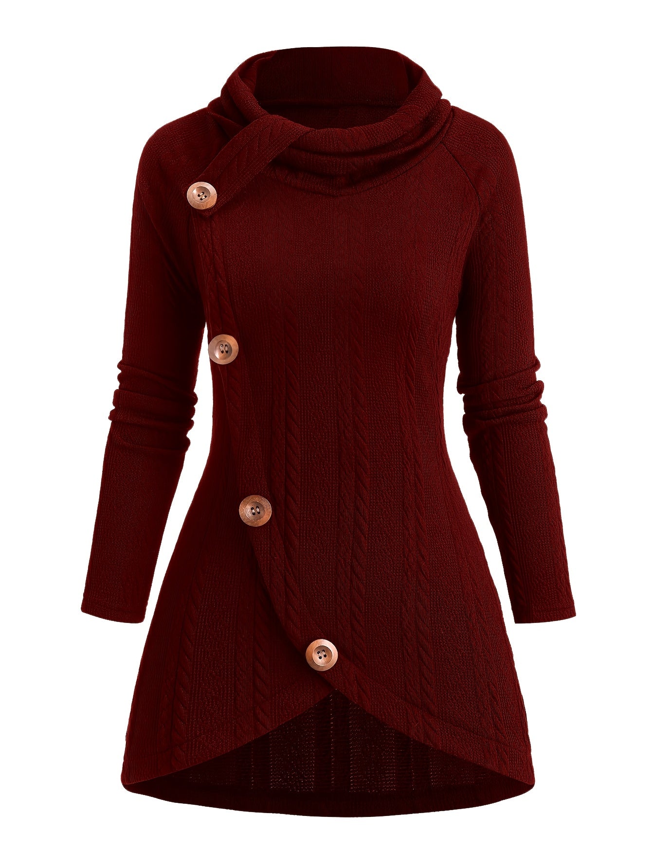 The front view of a red women's cable knit cardigan sold by 100 spartans