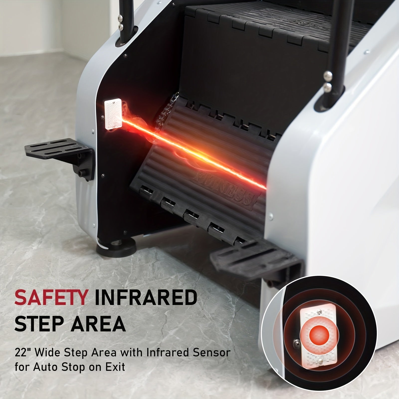 Safety infrared step area with glowing red light on a gray floor.