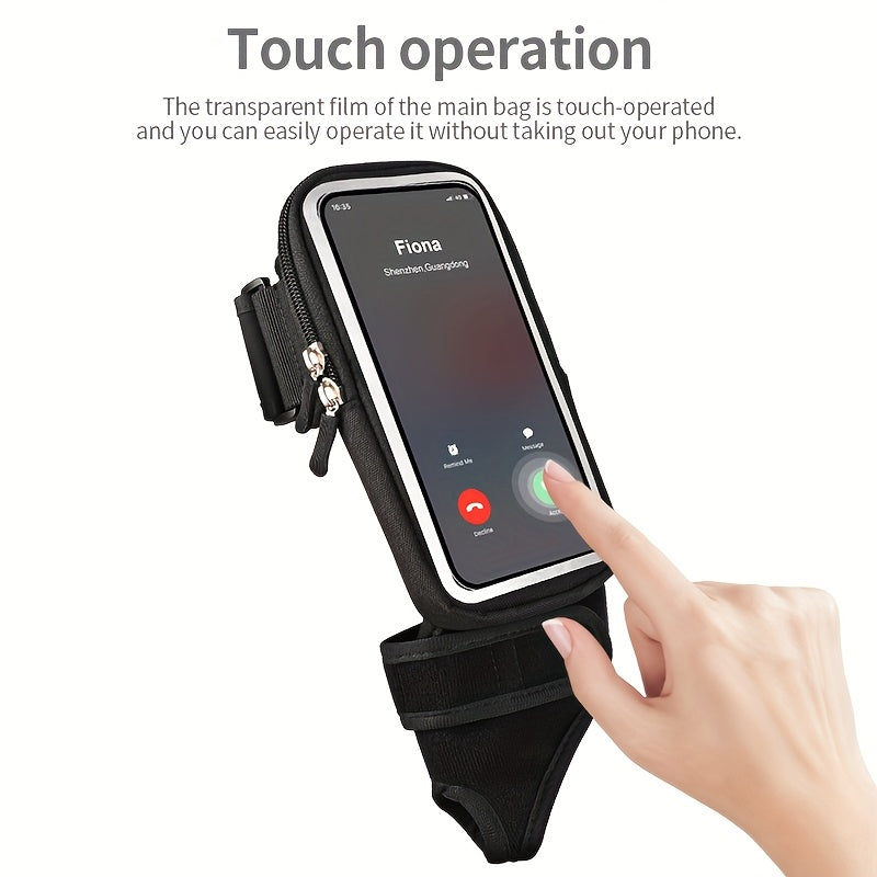 Black phone holder for running with touch operation feature on a white background