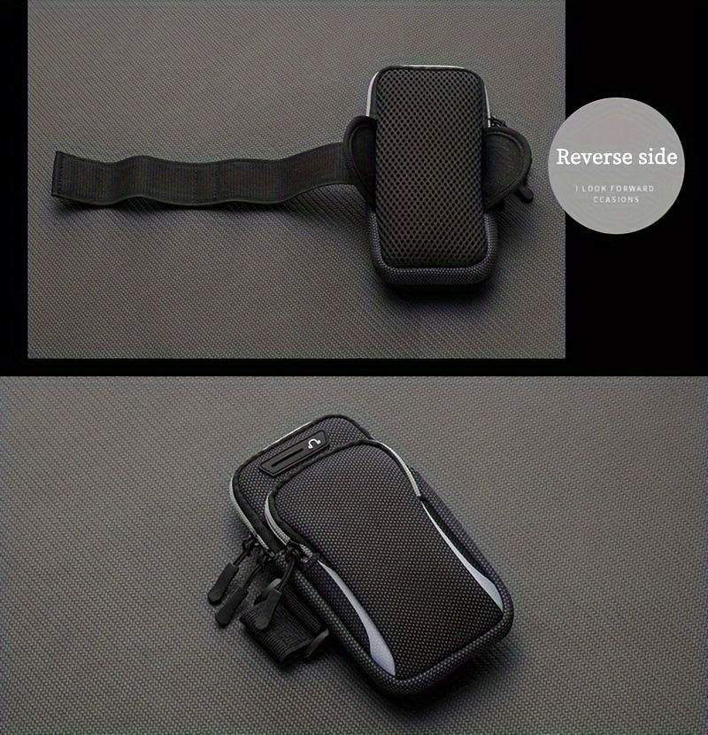 Black arm phone holder for running​ on a gray textured background