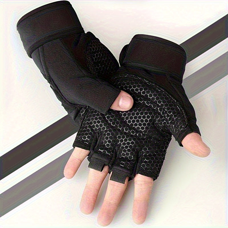 Black padded workout gloves with honeycomb pattern on a white background