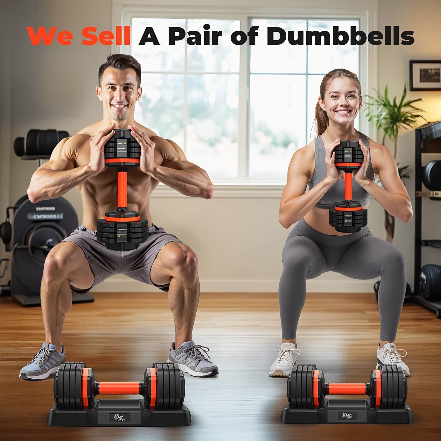 Two people using adjustable dumbbells in a home gym setting.