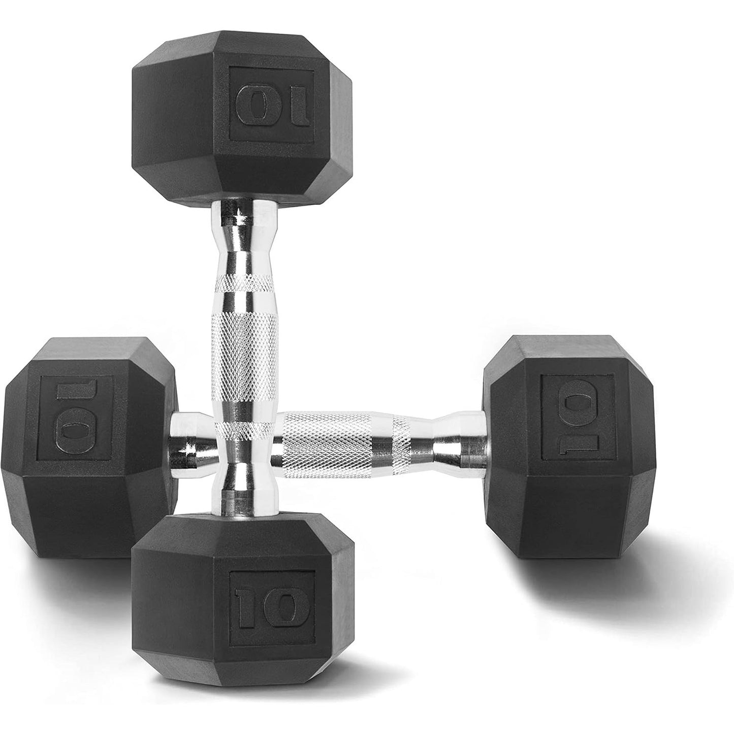 Pair of black hexagonal dumbbells with chrome connectors on a white background