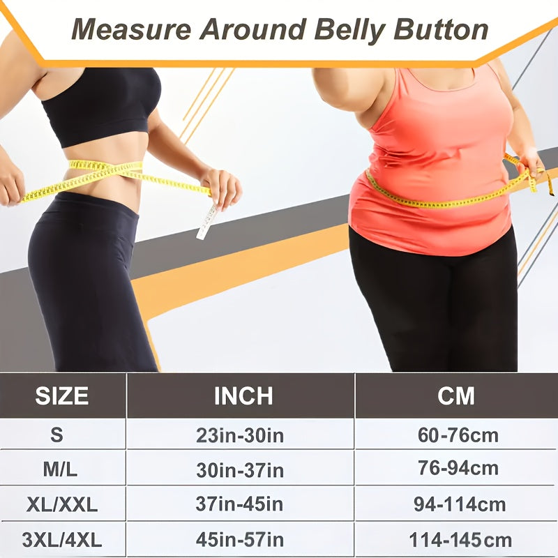 Two people measuring waist sizes with a tape measure, accompanied by a size chart.