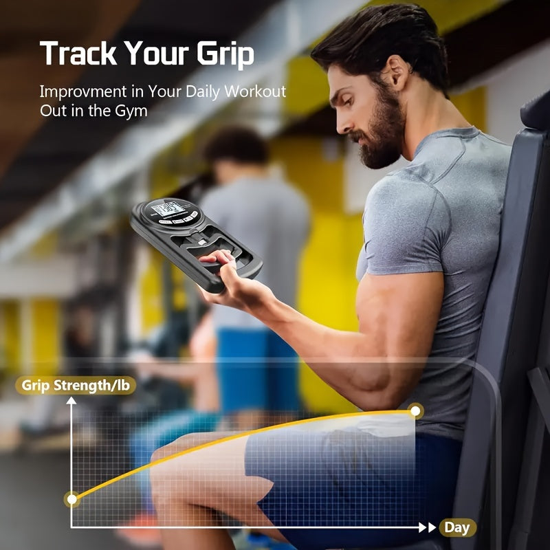 Man using a Hand Grip Strength Dynamometer in a gym setting with text 'Track Your Grip' and 'Improvement in Your Daily Workout Out in the Gym'.