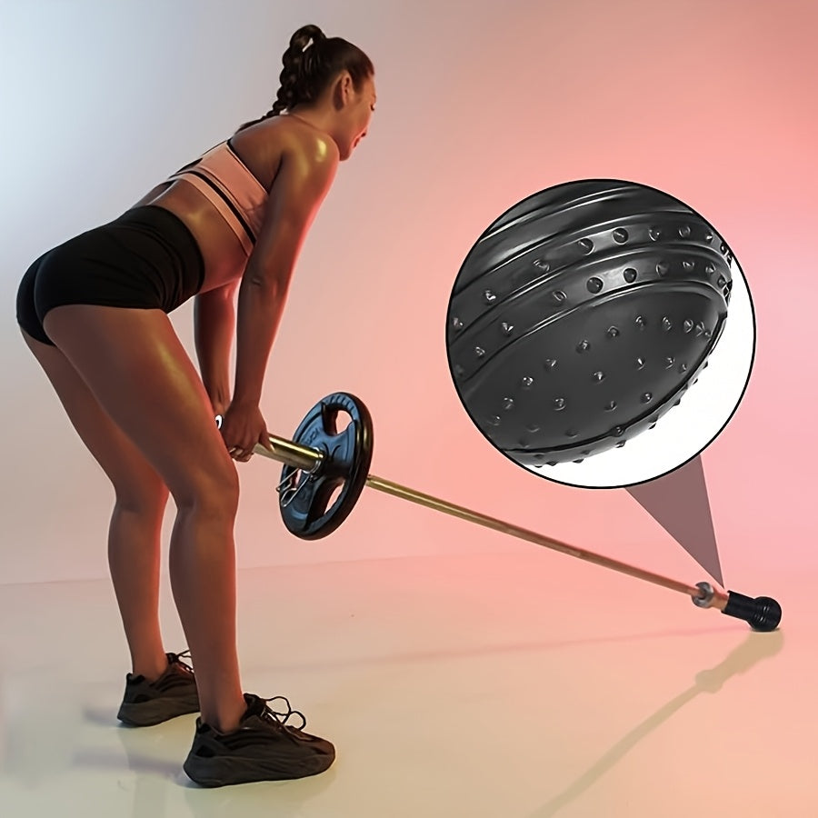 Woman lifting a barbell with a close-up of the weight plate on a gradient background