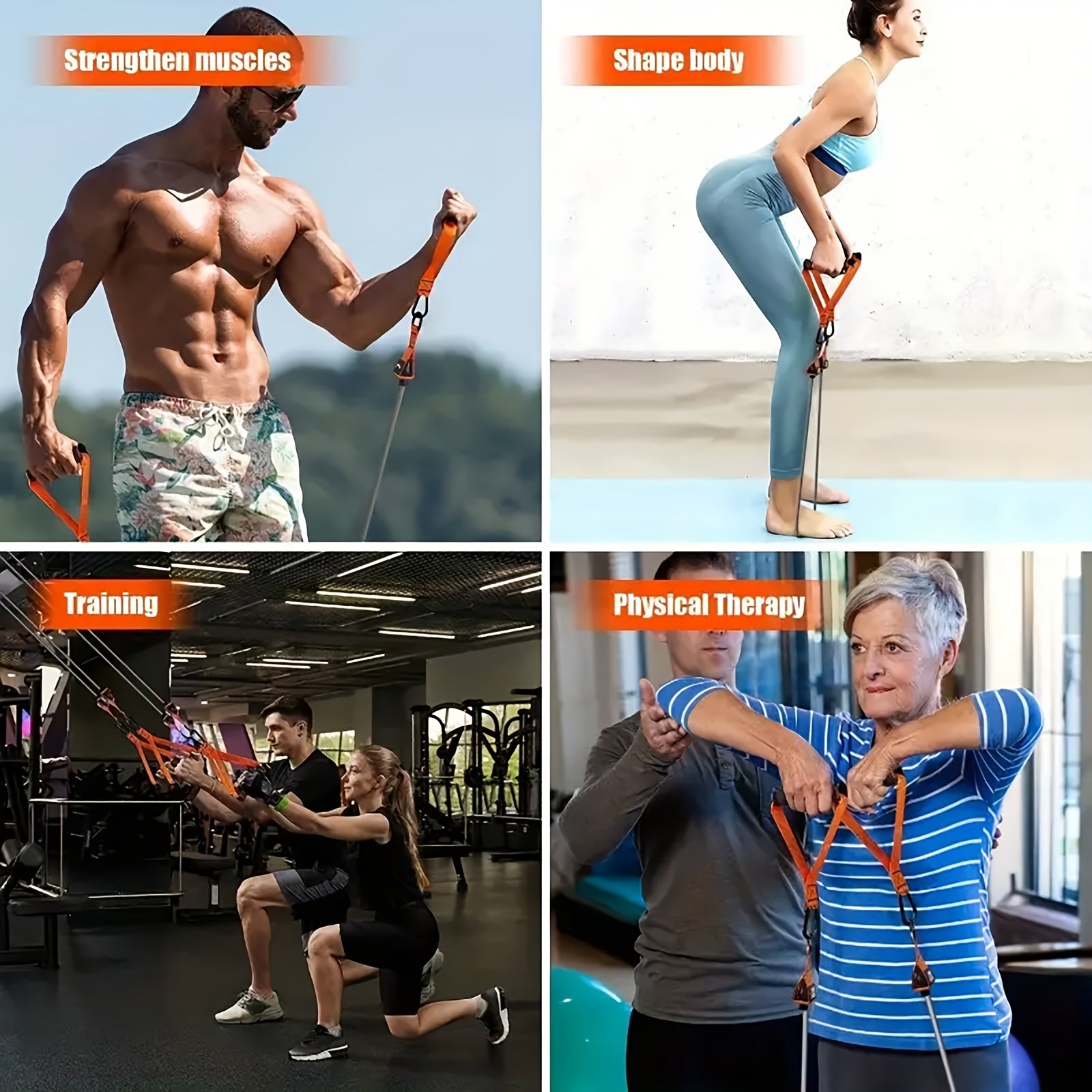 Collage of people using resistance bands for various activities including muscle strengthening, body shaping, training, and physical therapy.