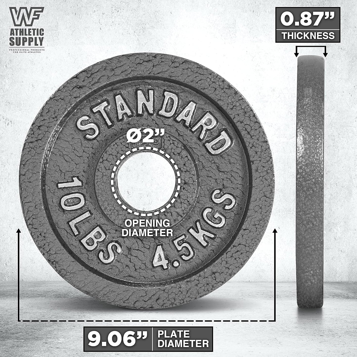 Weight plate with measurements on a gray background