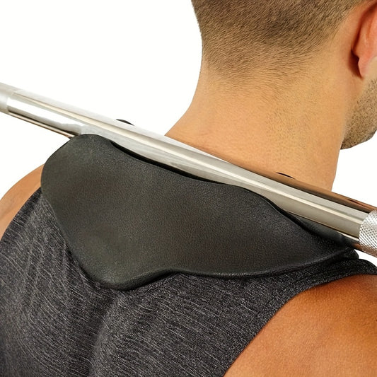 Person wearing a barbell neck pad with a white background