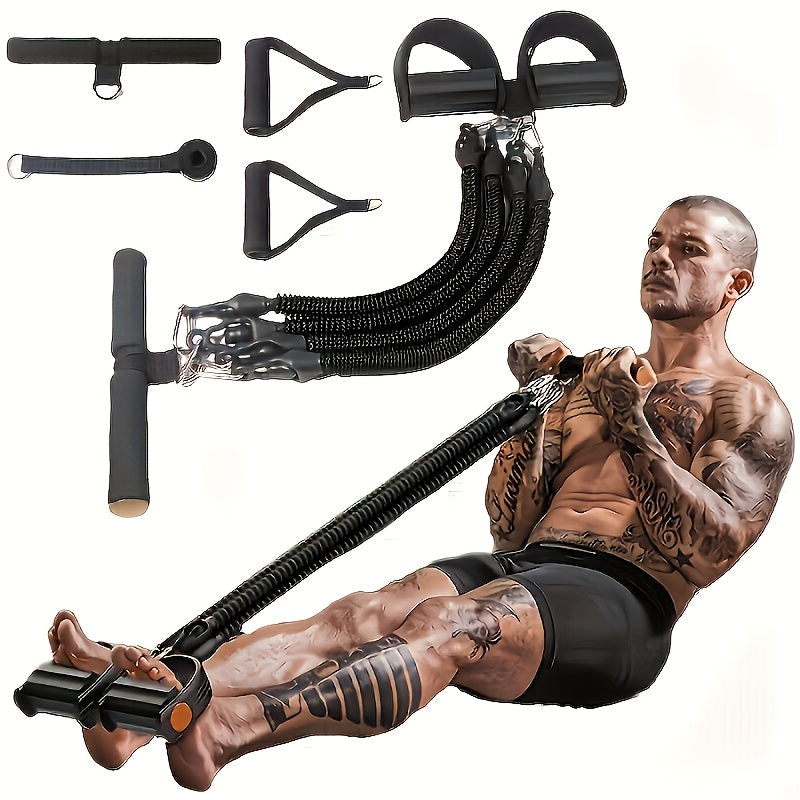 Foot Pedal Resistance Band with resistance bands and handles, and a man using the equipment.