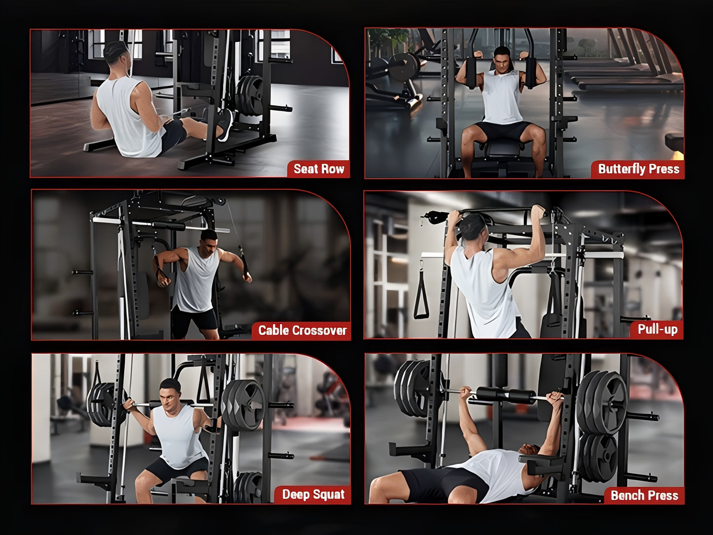 Man performing various fitness exercises with a smith machine