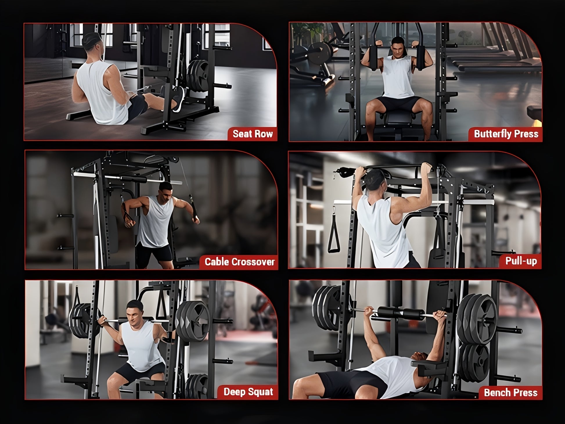 Man performing various fitness exercises with a smith machine