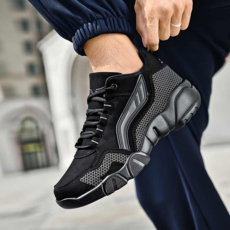 Black and gray athletic shoe being worn with a blurred architectural background