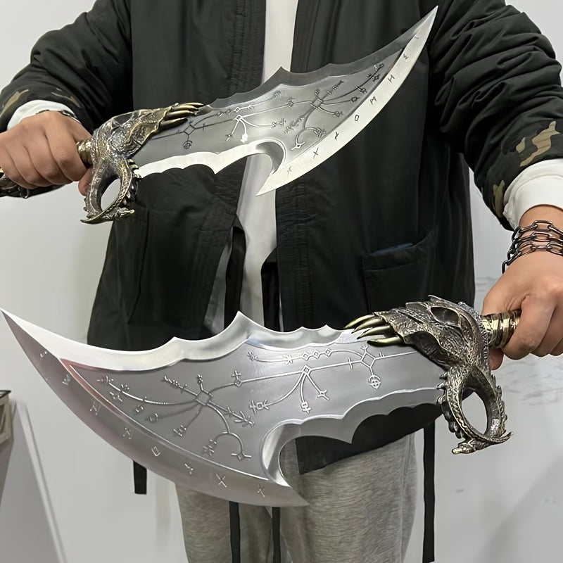 Person holding a chaos blade with ornate handles against a neutral background