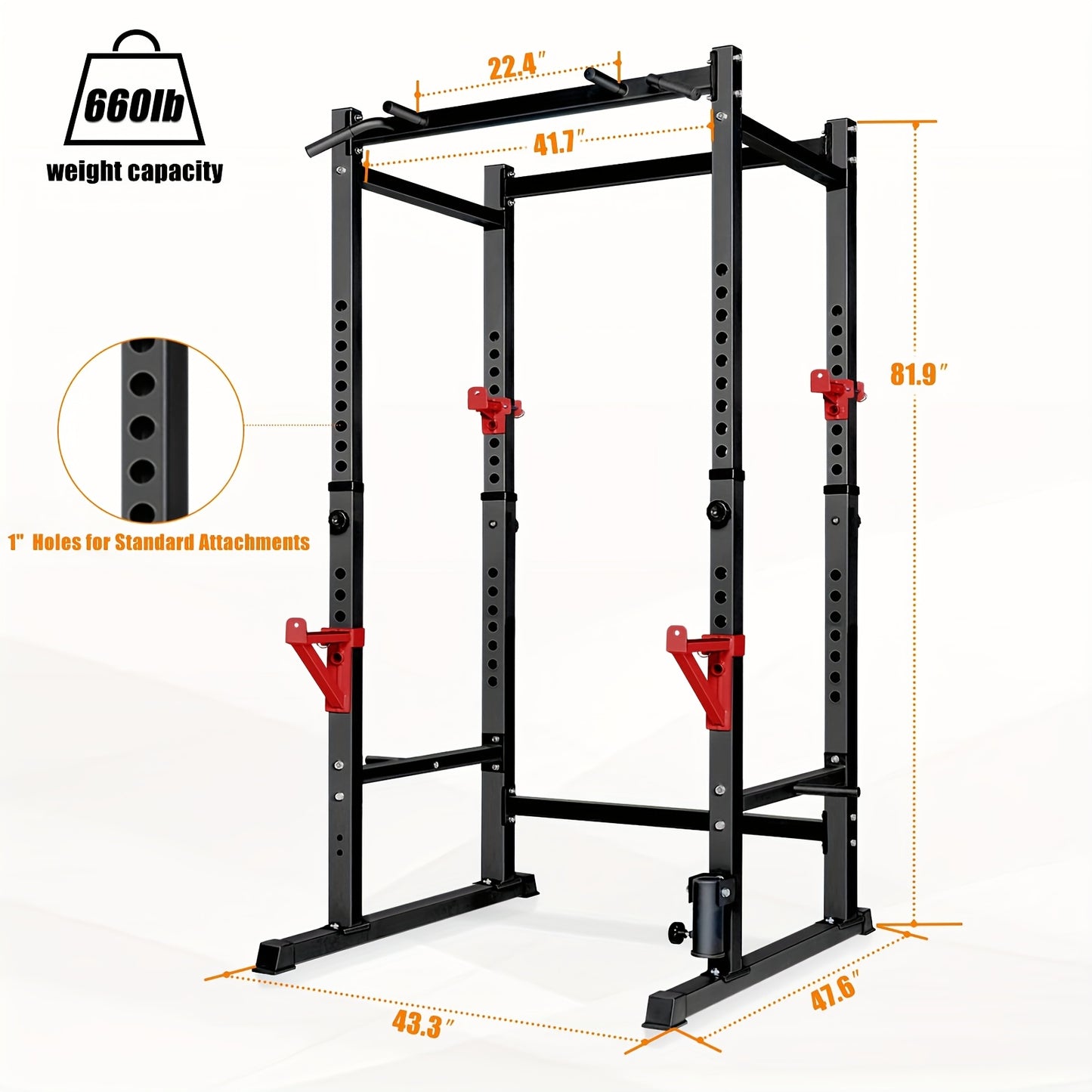 Black and red squat smith machine with measurements and weight capacity details on a white background
