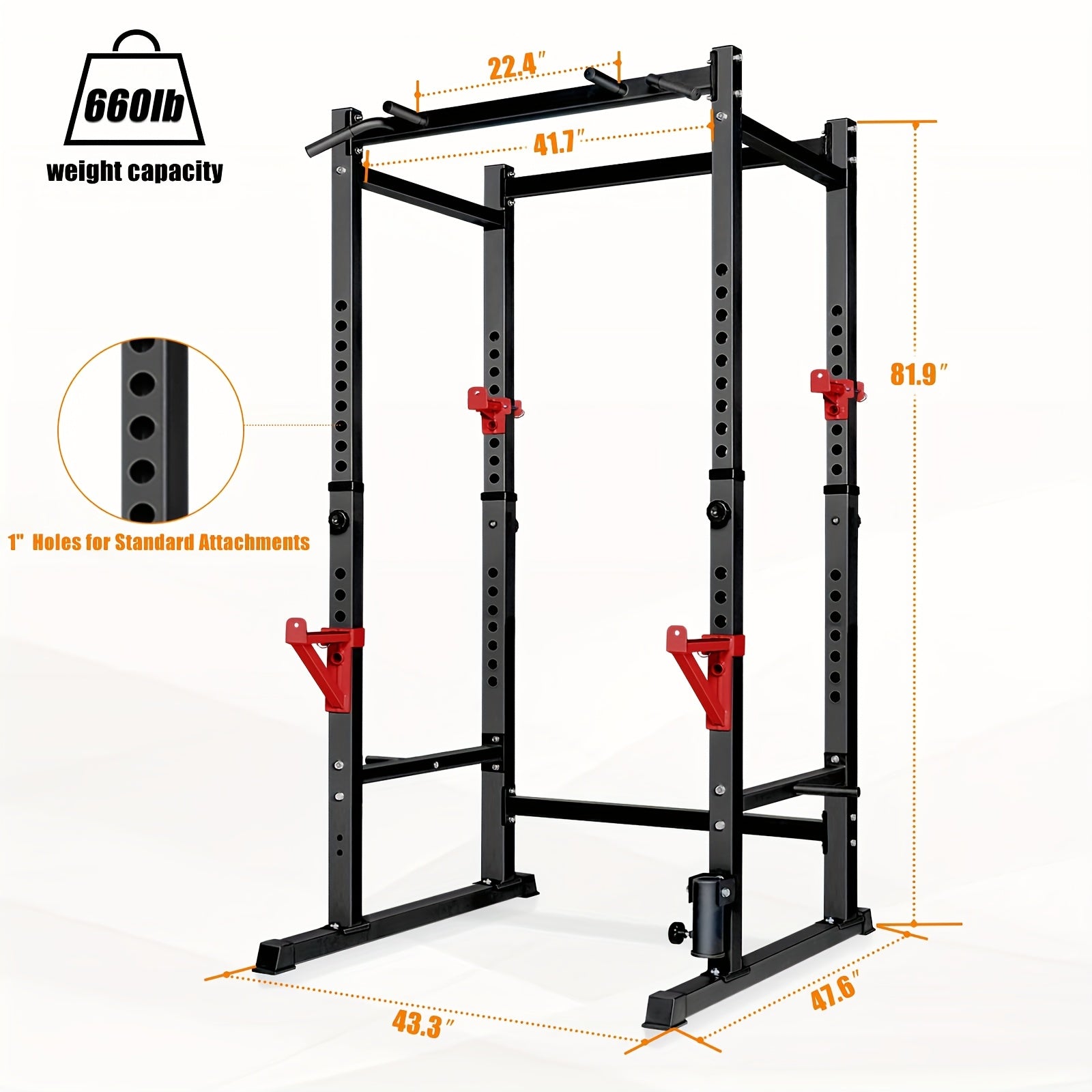 Black and red squat smith machine with measurements and weight capacity details on a white background