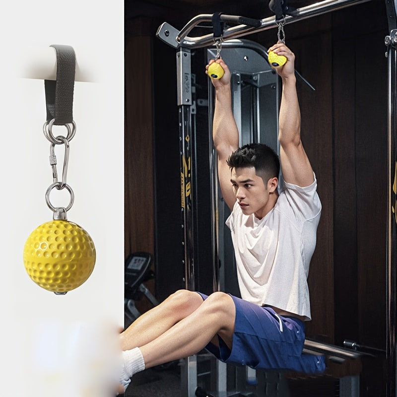 Person using a smith machine with yellow pull up grip balls​ attached, split with a close-up of the pull up grip ball.