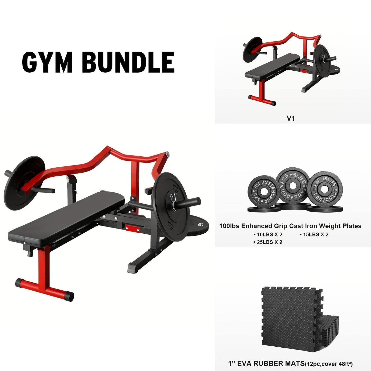 Gym bundle with weight bench, weight plates, and rubber mats on a white background
