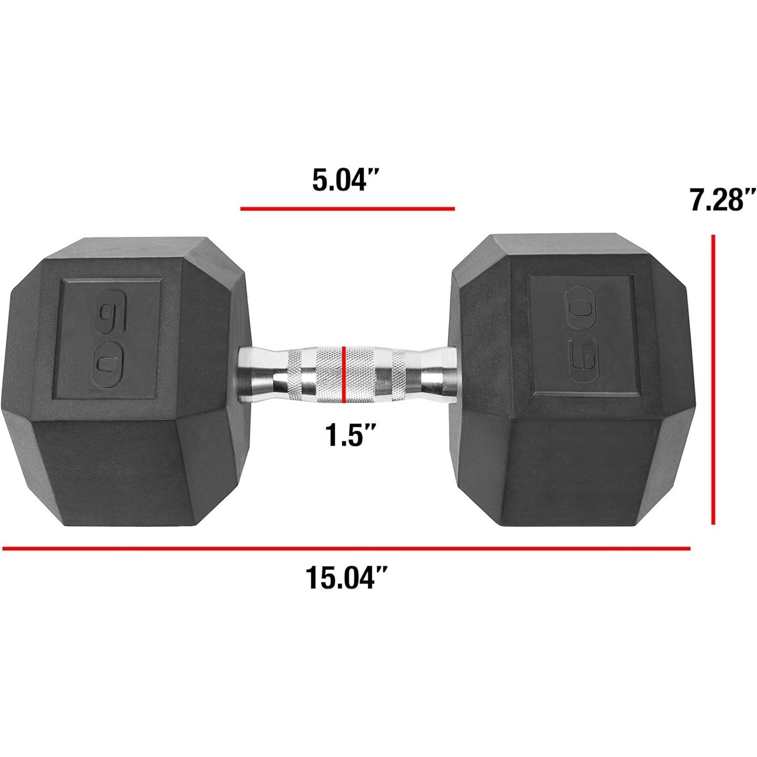 Hexagonal dumbbells with measurements on a white background