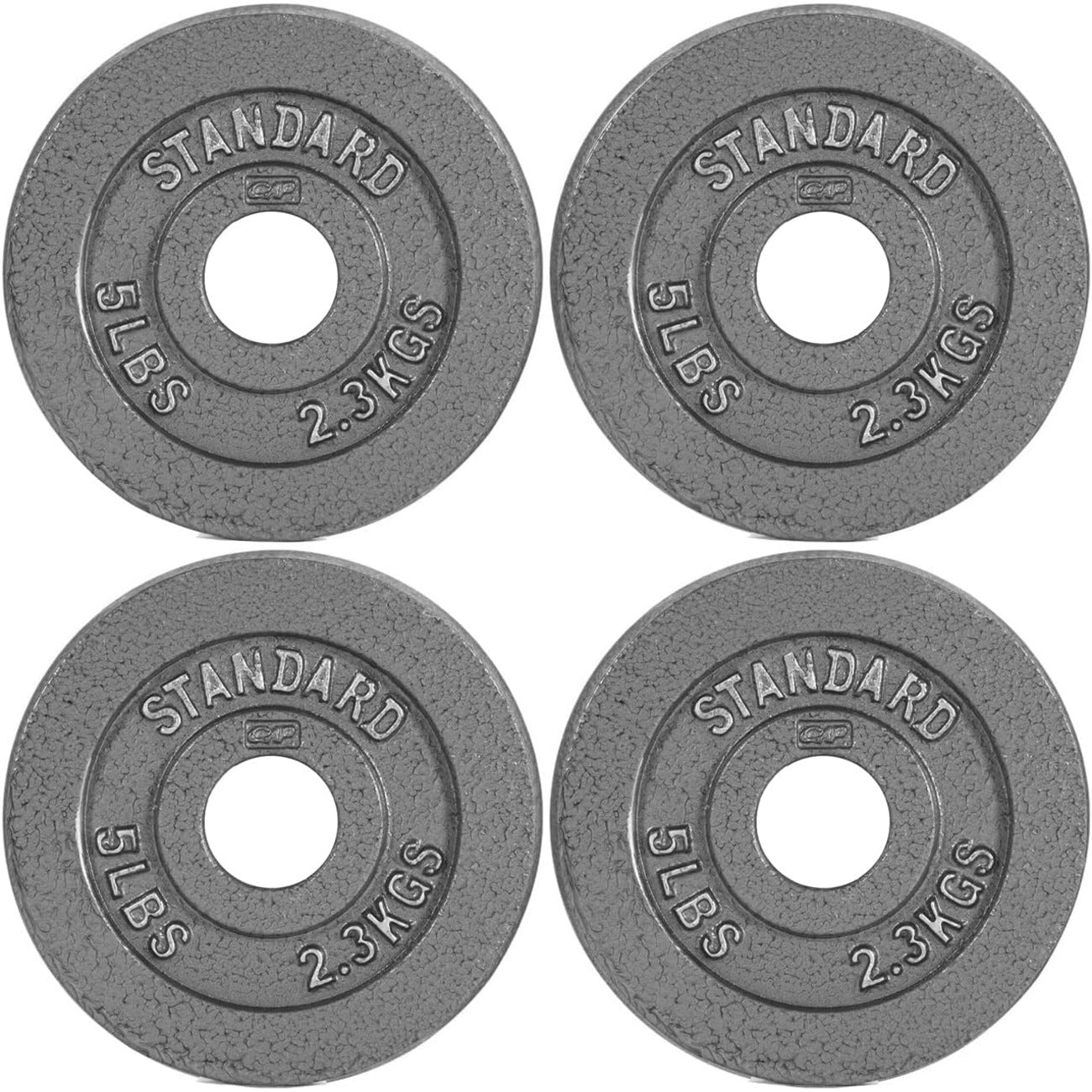Four gray weight plates with 'Standard' and '5 lbs' marking on a white background