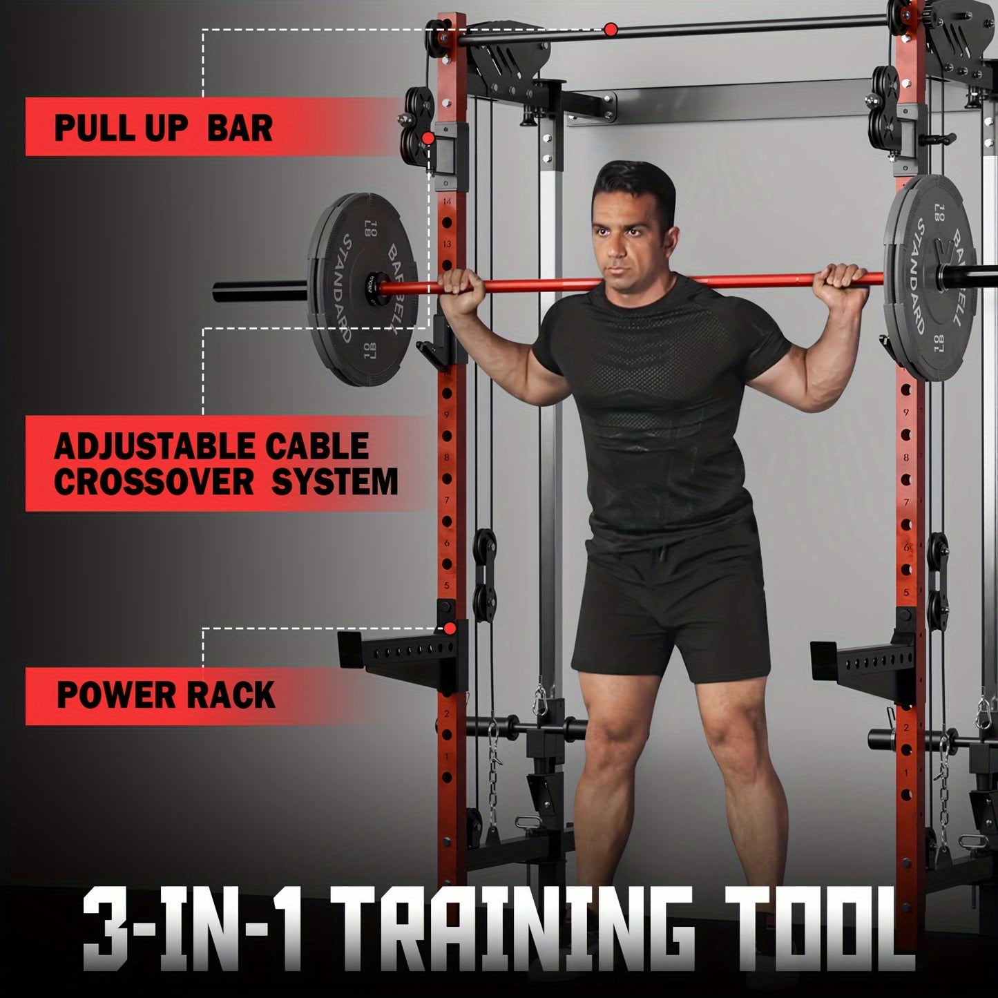 Man using a gym setup with pull-up bar, adjustable cable crossover system, and power rack labeled as '3-in-1 training tool'.