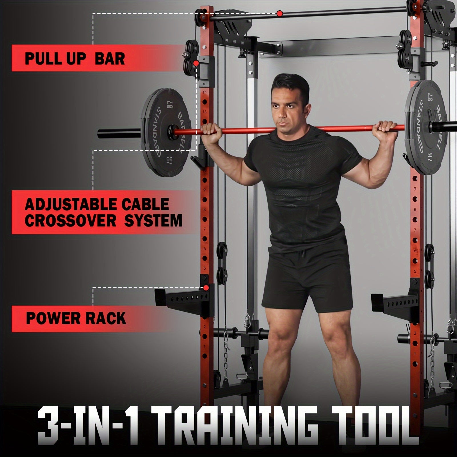 Man using a gym setup with pull-up bar, adjustable cable crossover system, and power rack labeled as '3-in-1 training tool'.