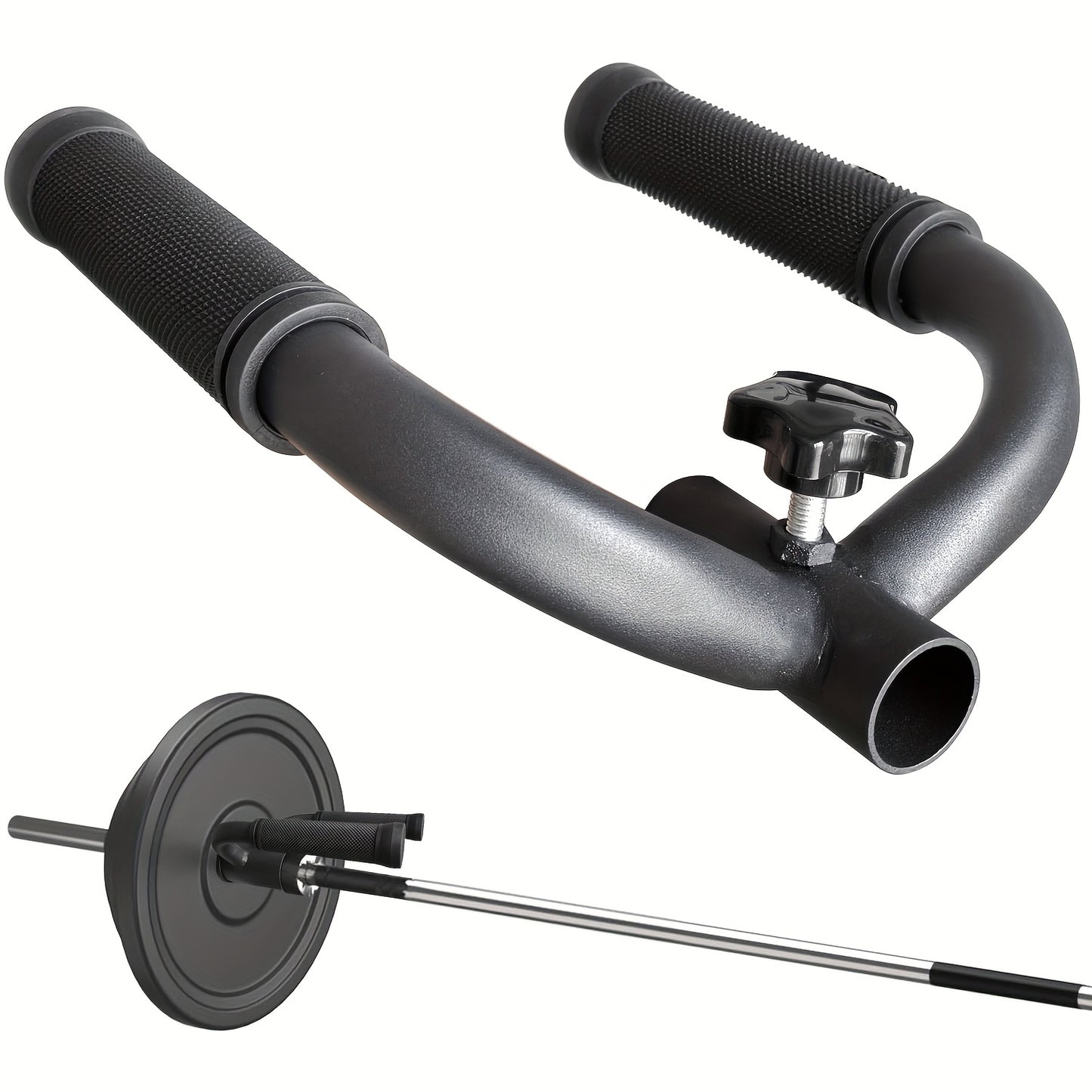 Black exercise bar with weight plates and T Bar Row Attachment on a white background
