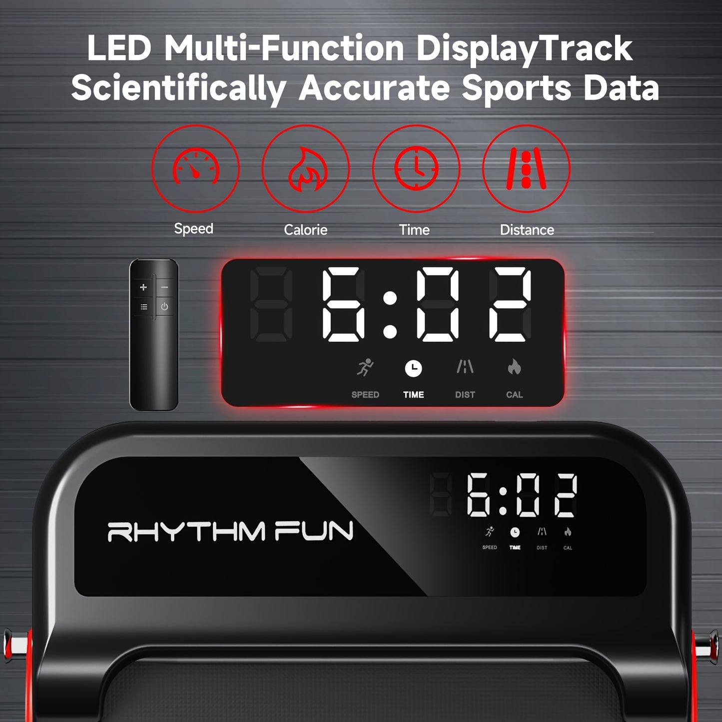 Rhythm fun under desk treadmill with digital display showing time and sports data on a dark background