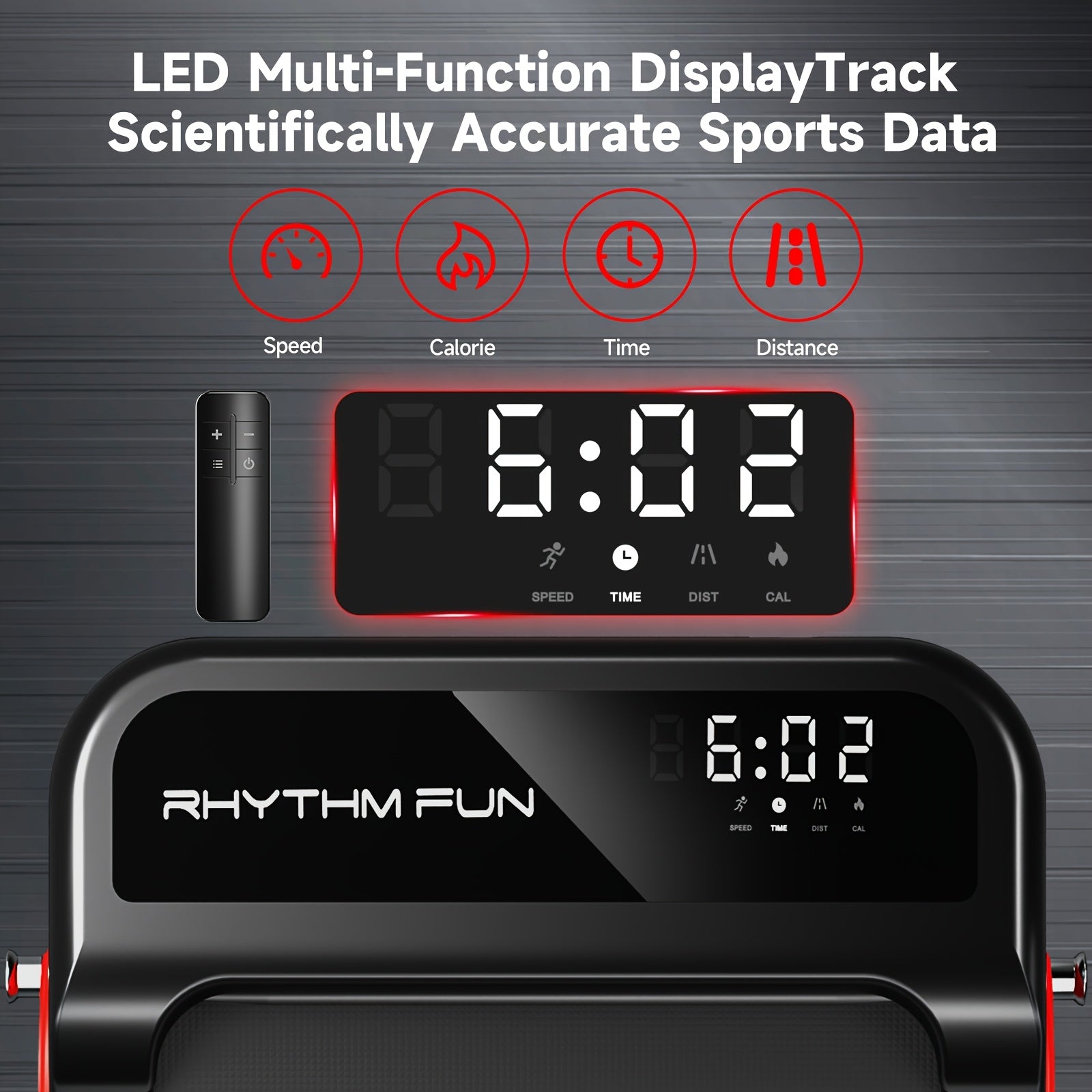 Rhythm fun under desk treadmill with digital display showing time and sports data on a dark background