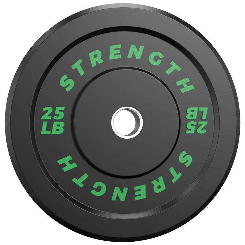 Black weight plate with green text displaying 'STRENGTH' and '25 LB' on a white background
