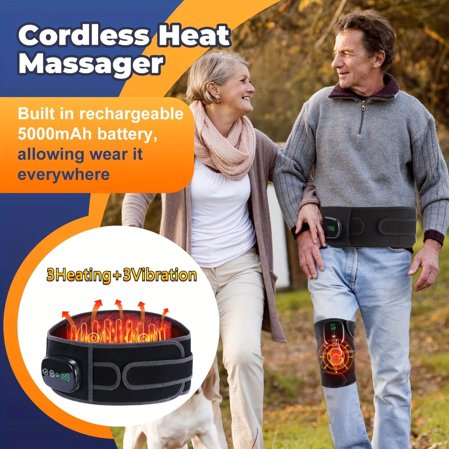 Muscle stimulator machine with a couple walking outdoors, highlighting its features.