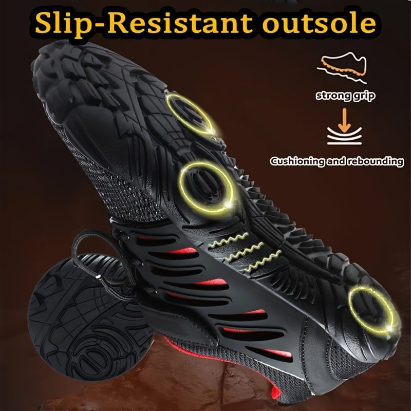 Black barefoot hiking shoes with slip-resistant outsole on a dark background