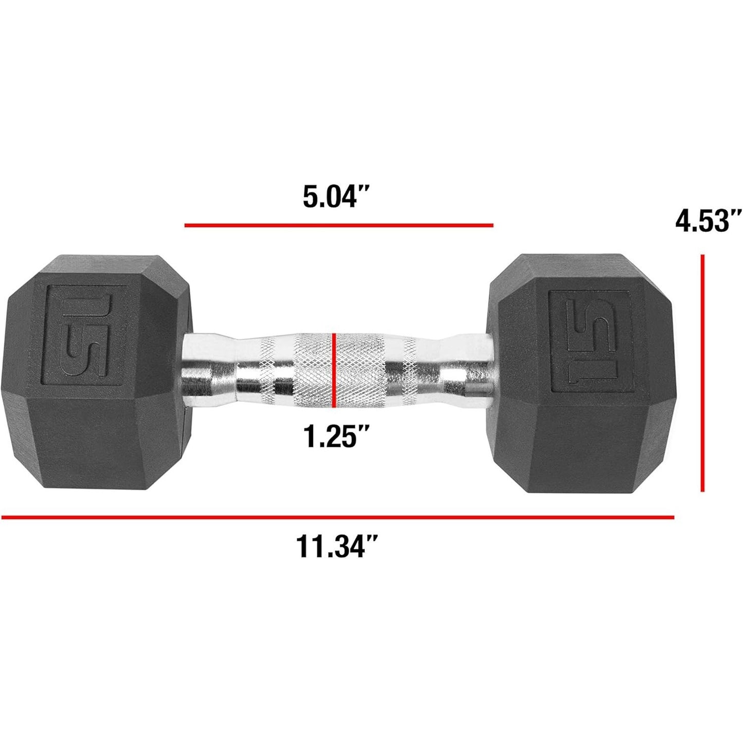 Hexagonal dumbbell with measurements on a white background